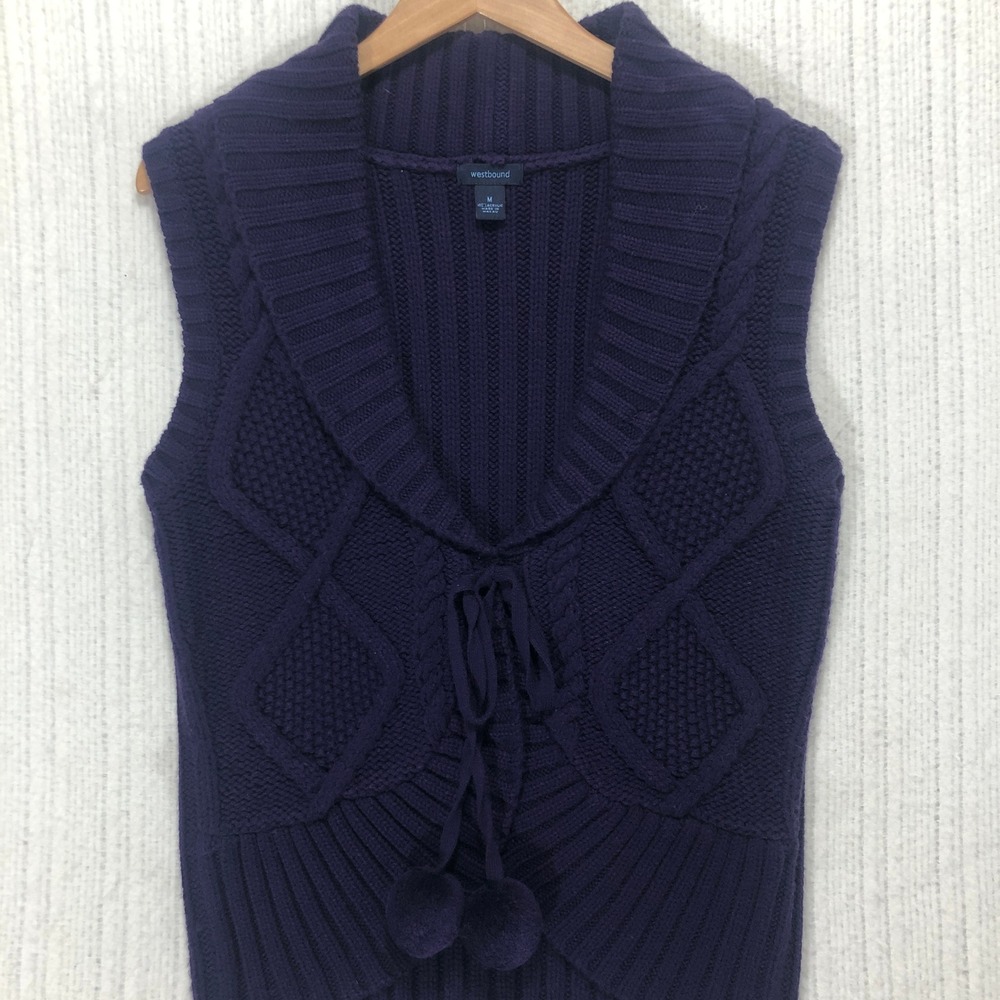 Westbound Knit Sweater Vest‎ Sleeveless Cable Pom Pom Tie Front Purple Size M